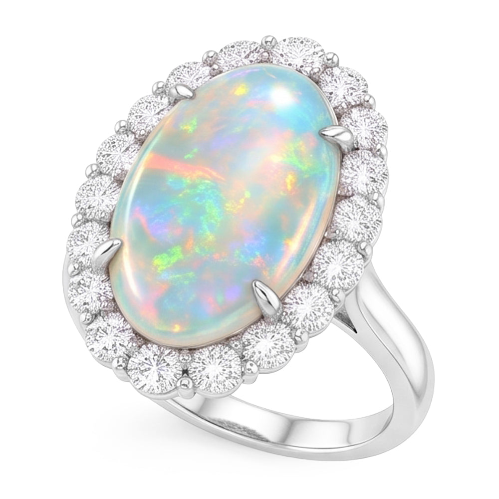 12.50 Karat Opal und Diamanten Ehering Neu Weißgold 14K