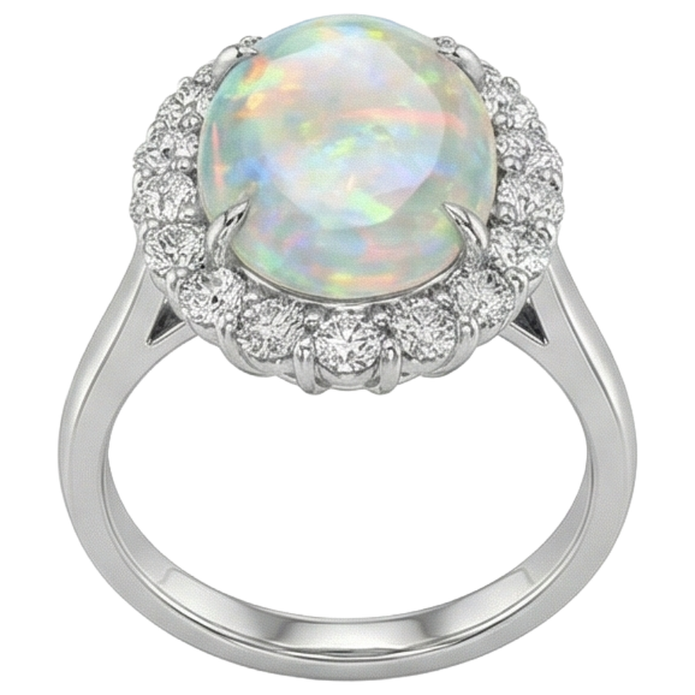 12.50 Karat Opal und Diamanten Ehering Neu Weißgold 14K