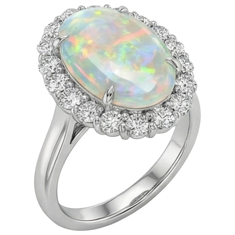12.50 Karat Opal und Diamanten Ehering Neu Weißgold 14K