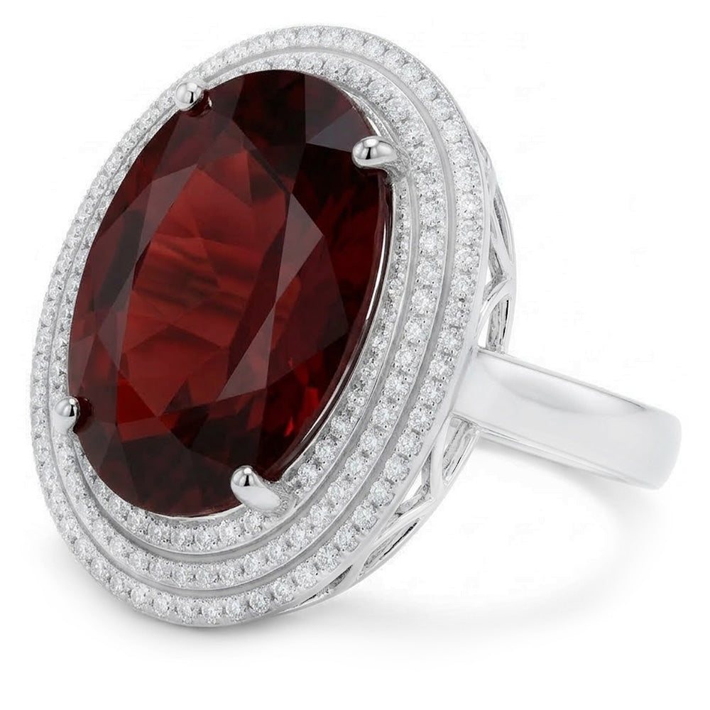 12,50 Kt Ovaler Mandarin Granat mit Diamanten Ring 14K Weißgold