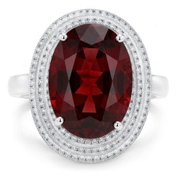 12,50 Kt Ovaler Mandarin Granat mit Diamanten Ring 14K Weißgold