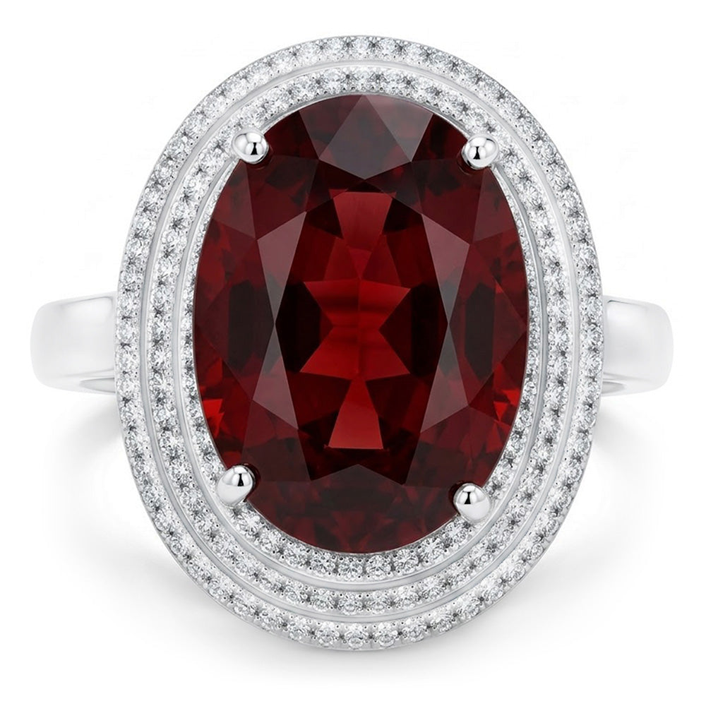 12,50 Kt Ovaler Mandarin Granat mit Diamanten Ring 14K Weißgold