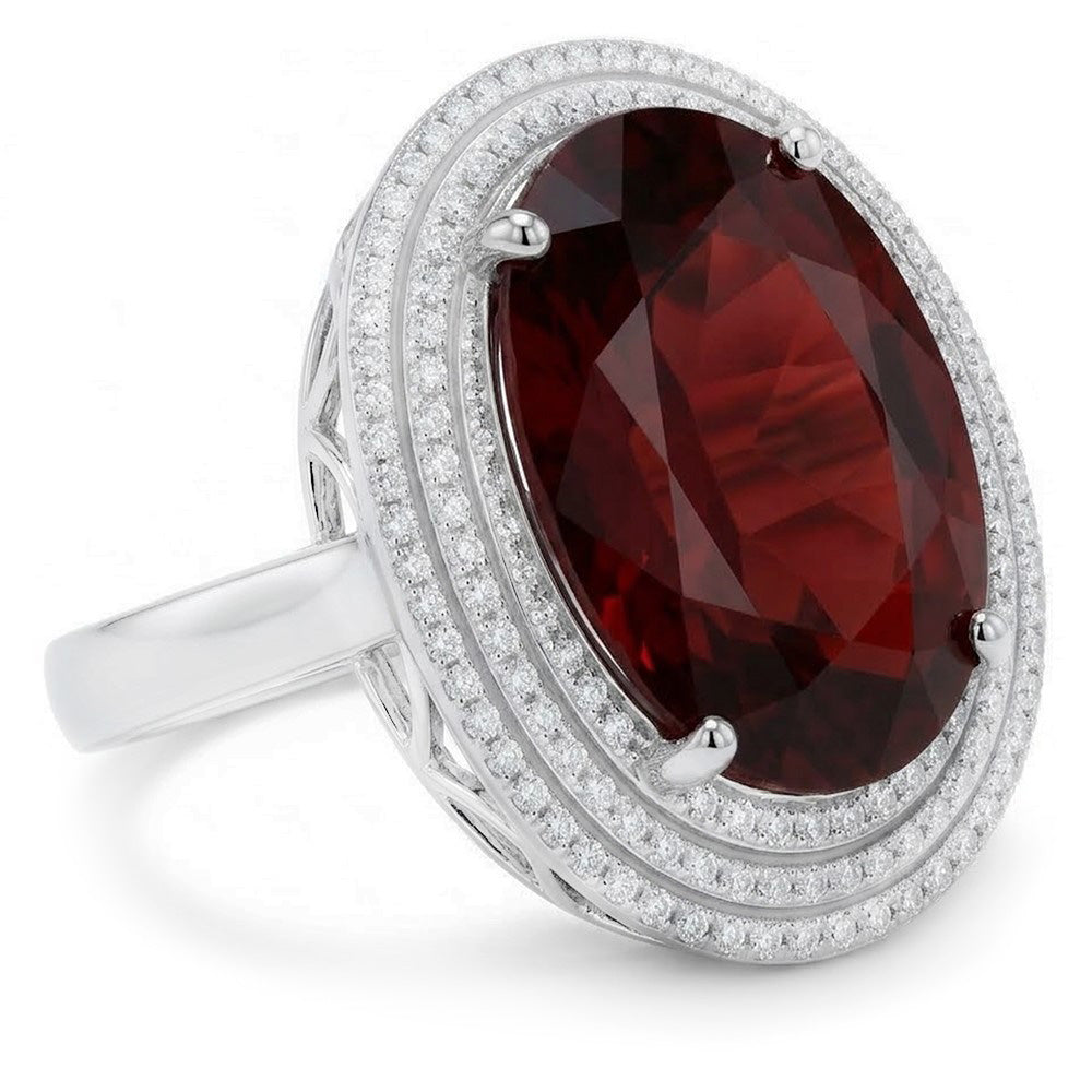 12,50 Kt Ovaler Mandarin Granat mit Diamanten Ring 14K Weißgold