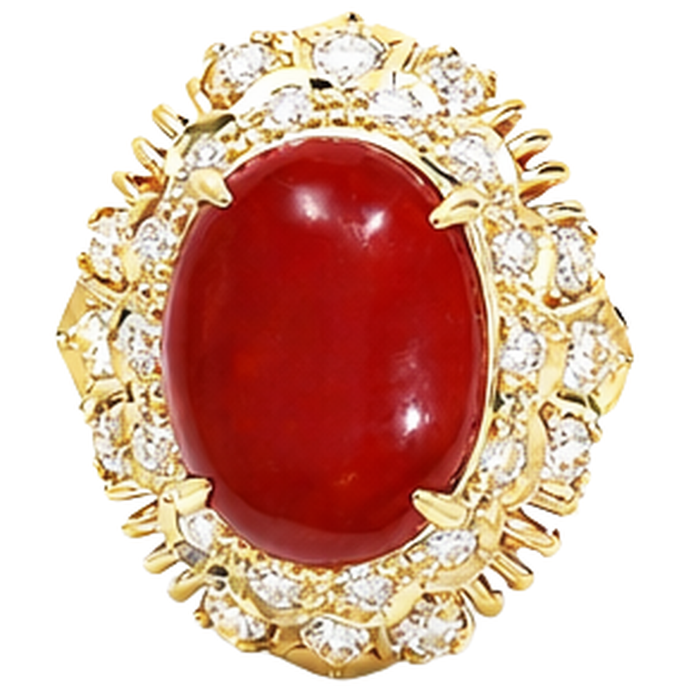 13.50 Kt Oval Rote Koralle Mit Runden Diamanten Ring Gelbgold 14K