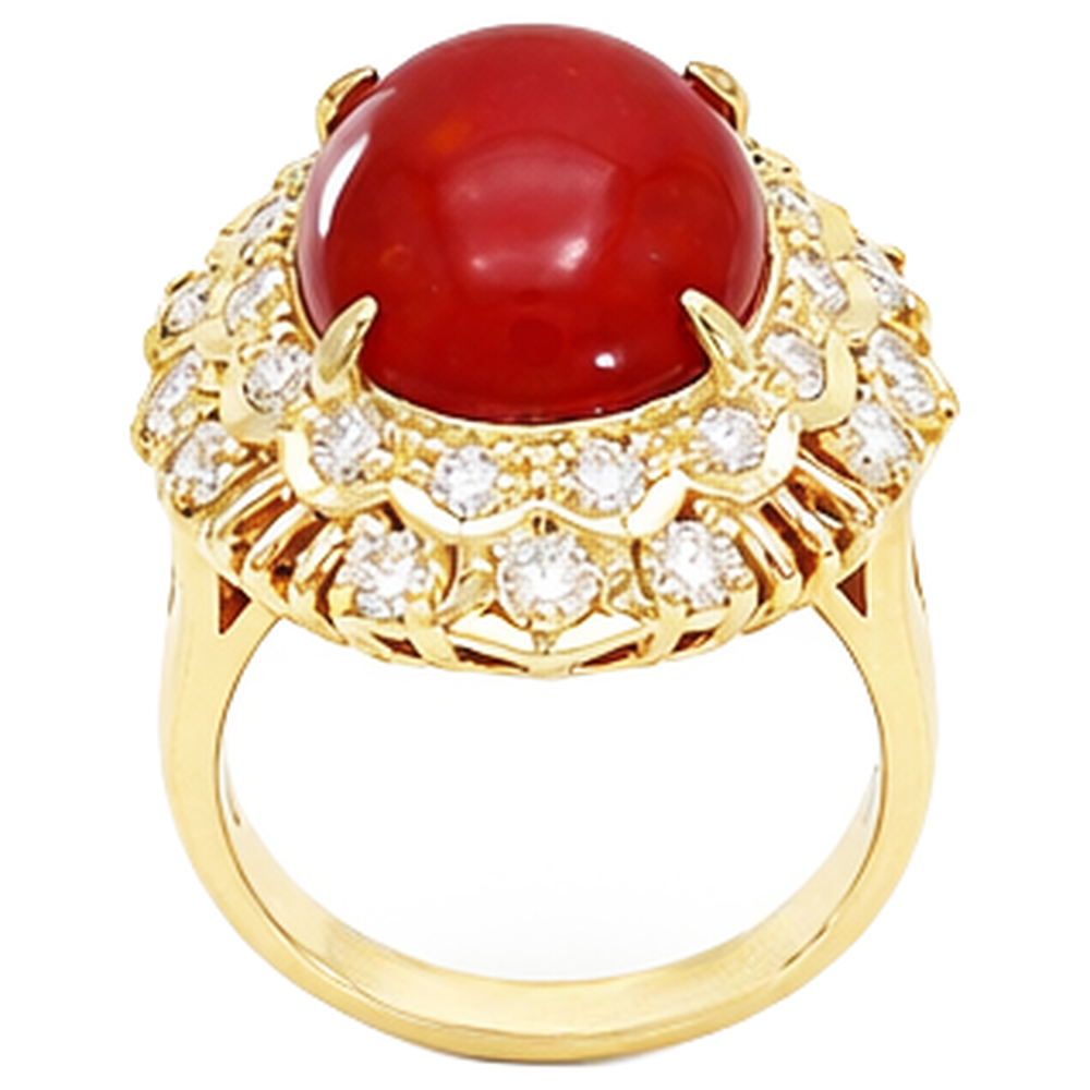 13.50 Kt Oval Rote Koralle Mit Runden Diamanten Ring Gelbgold 14K