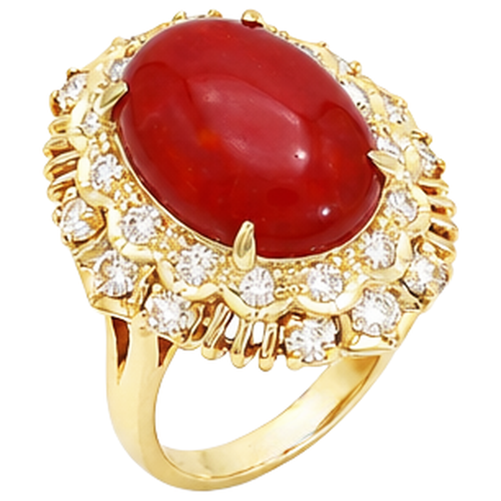 13.50 Kt Oval Rote Koralle Mit Runden Diamanten Ring Gelbgold 14K