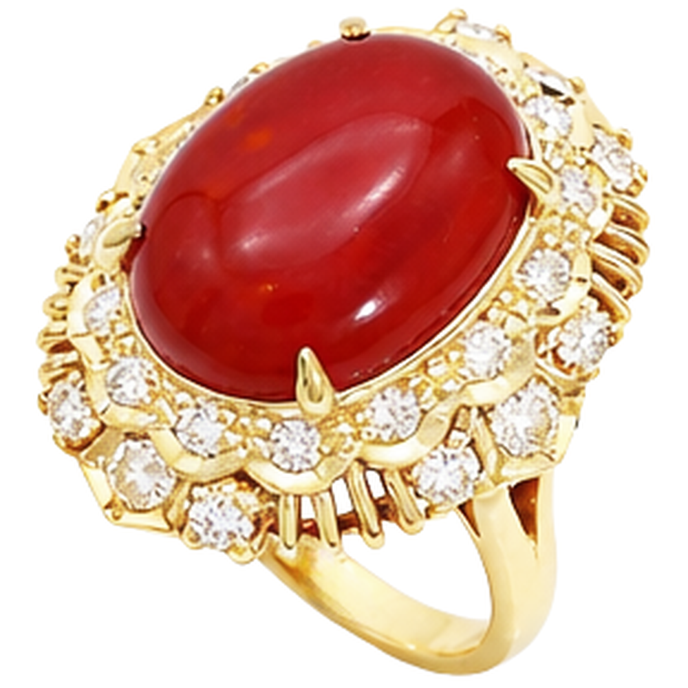 13.50 Kt Oval Rote Koralle Mit Runden Diamanten Ring Gelbgold 14K