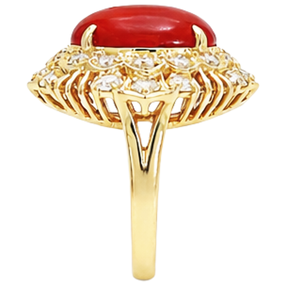 13.50 Kt Oval Rote Koralle Mit Runden Diamanten Ring Gelbgold 14K