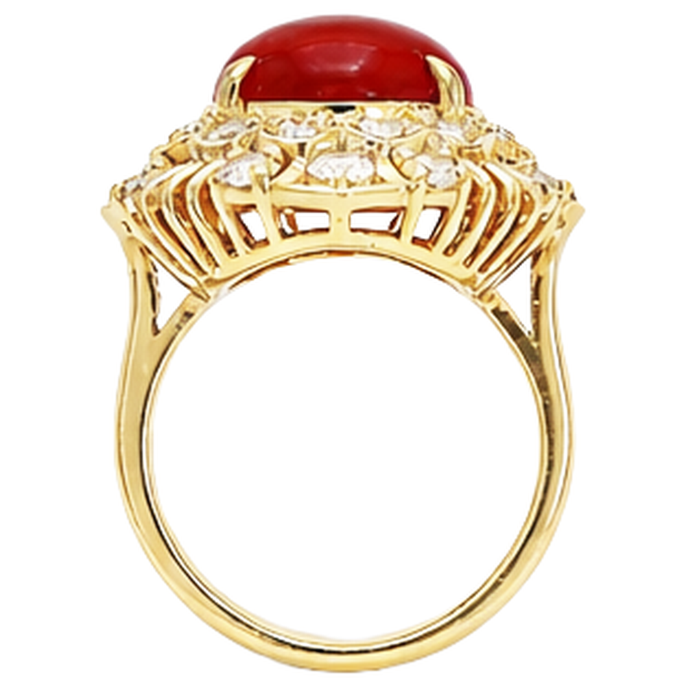 13.50 Kt Oval Rote Koralle Mit Runden Diamanten Ring Gelbgold 14K