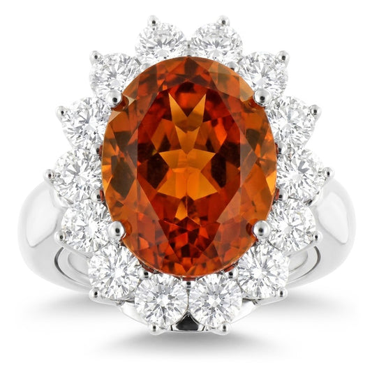 13 Kt Oval Mandarin Granat mit runden Diamanten Ring Weißgold