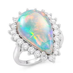14.25 ct Damen Birne Opal und runde Diamanten Ring Weißgold 14K