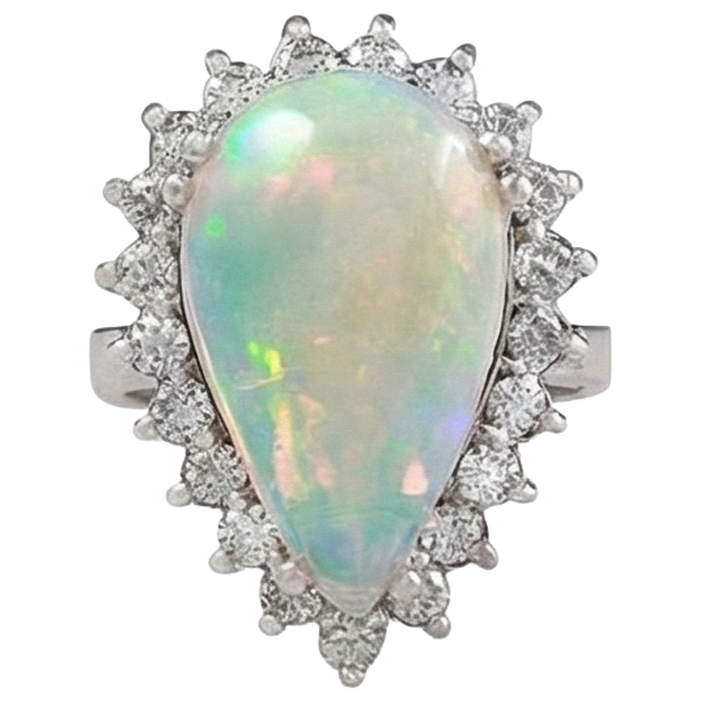 14.25 ct Damen Birne Opal und runde Diamanten Ring Weißgold 14K