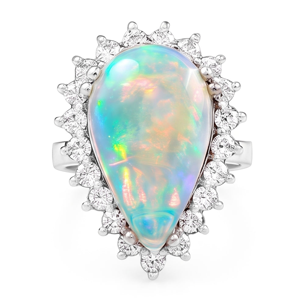 14.25 ct Damen Birne Opal und runde Diamanten Ring Weißgold 14K