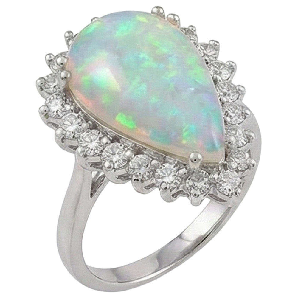 14.25 ct Damen Birne Opal und runde Diamanten Ring Weißgold 14K