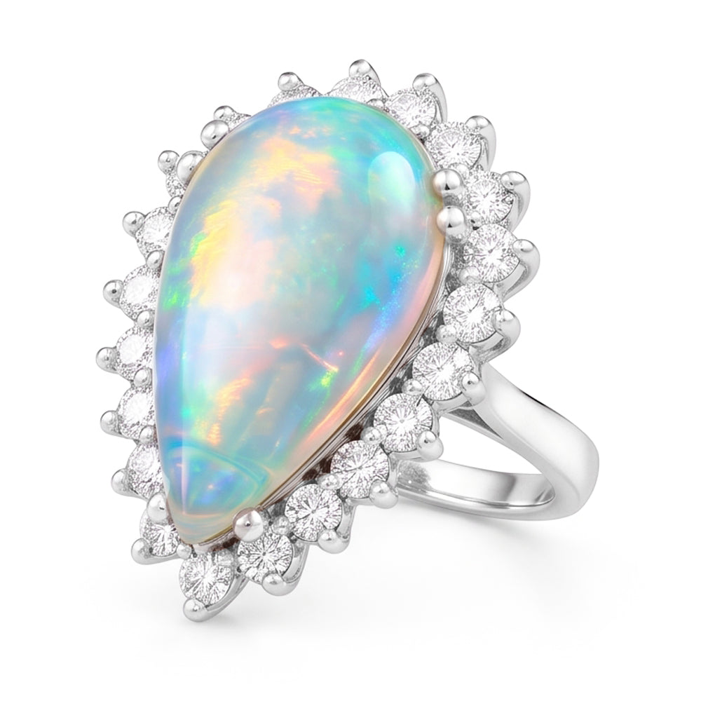 14.25 ct Damen Birne Opal und runde Diamanten Ring Weißgold 14K