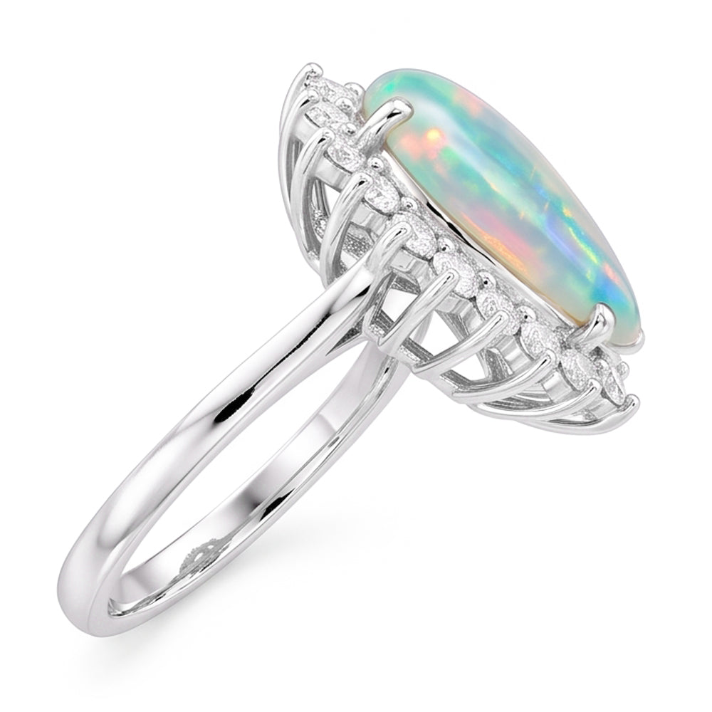 14.25 ct Damen Birne Opal und runde Diamanten Ring Weißgold 14K