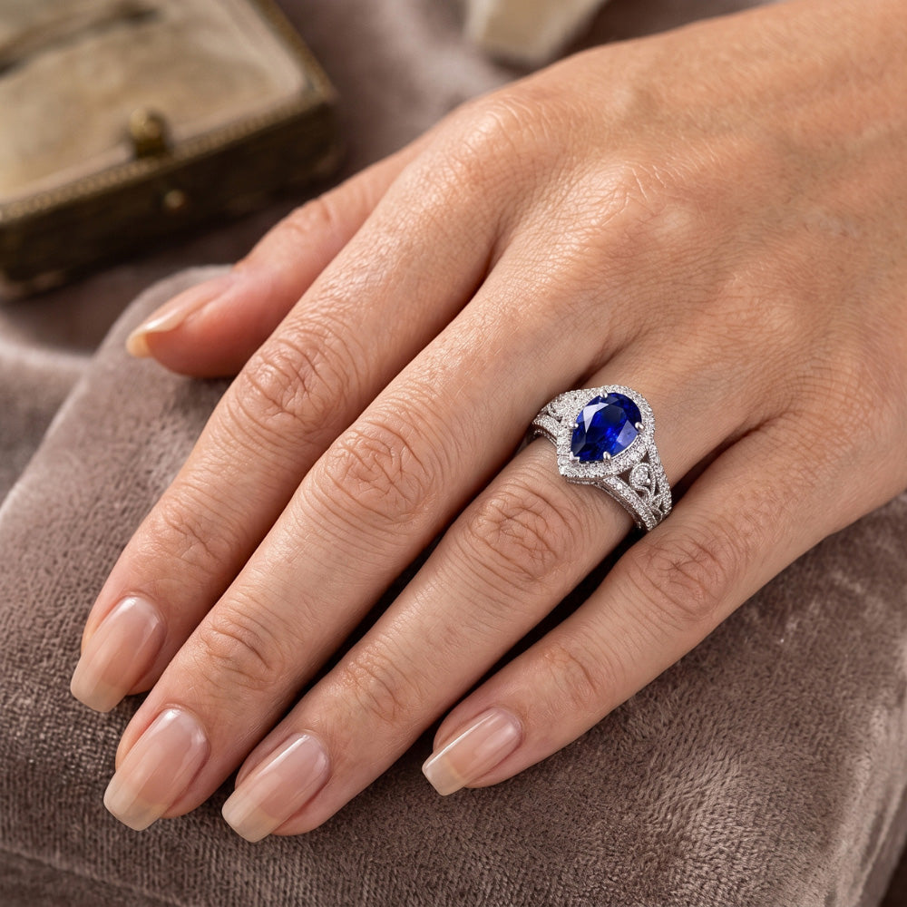 14 Karat Weißgold Antik Blauer Saphir Schmuckstein-Ring 3 Karat