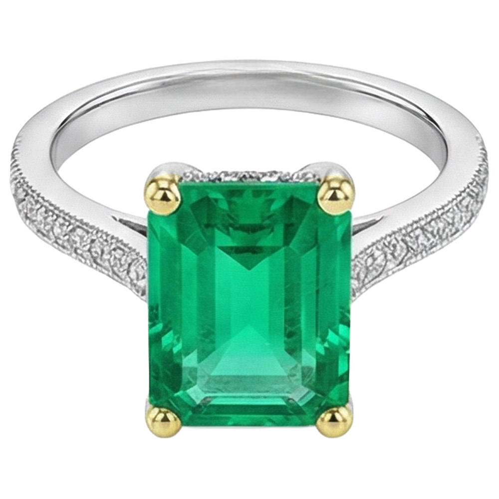 Smaragd-Schliff Kolumbianischer Smaragd Ring in 14 Karat Zweifarbig Gold – Frontansicht