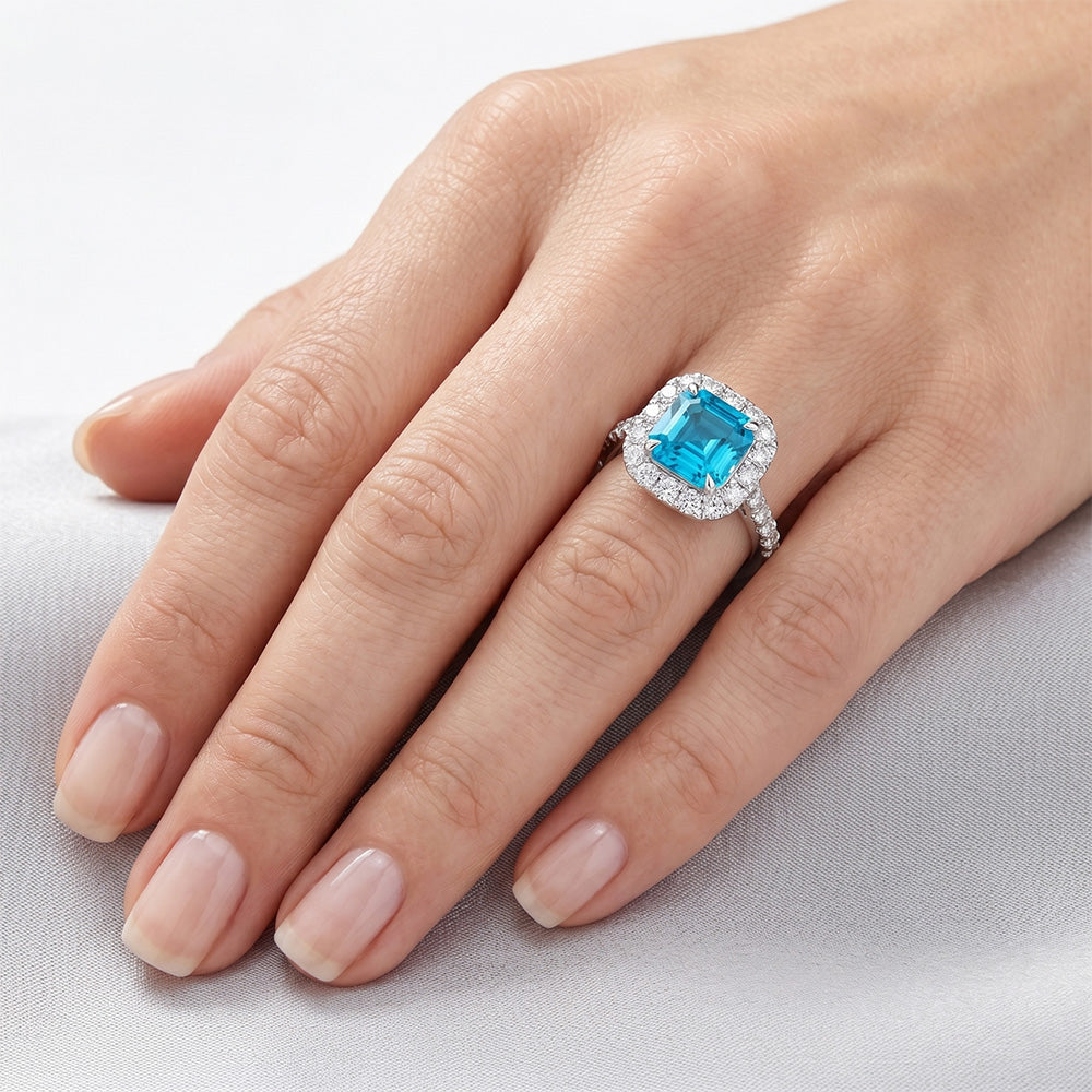 14K Weißgold Blauer Diamant Diamant Halo-Fassung Ring 3 Karat