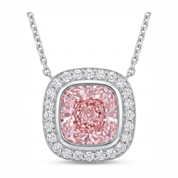 Rosa Diamant-Halskette 2,25 Karat im Labor gezüchtet Kissenschliff-Halo-Anhänger 14 Karat Weißgold