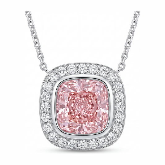 Rosa Diamant-Halskette 2,25 Karat im Labor gezüchtet Kissenschliff-Halo-Anhänger 14 Karat Weißgold