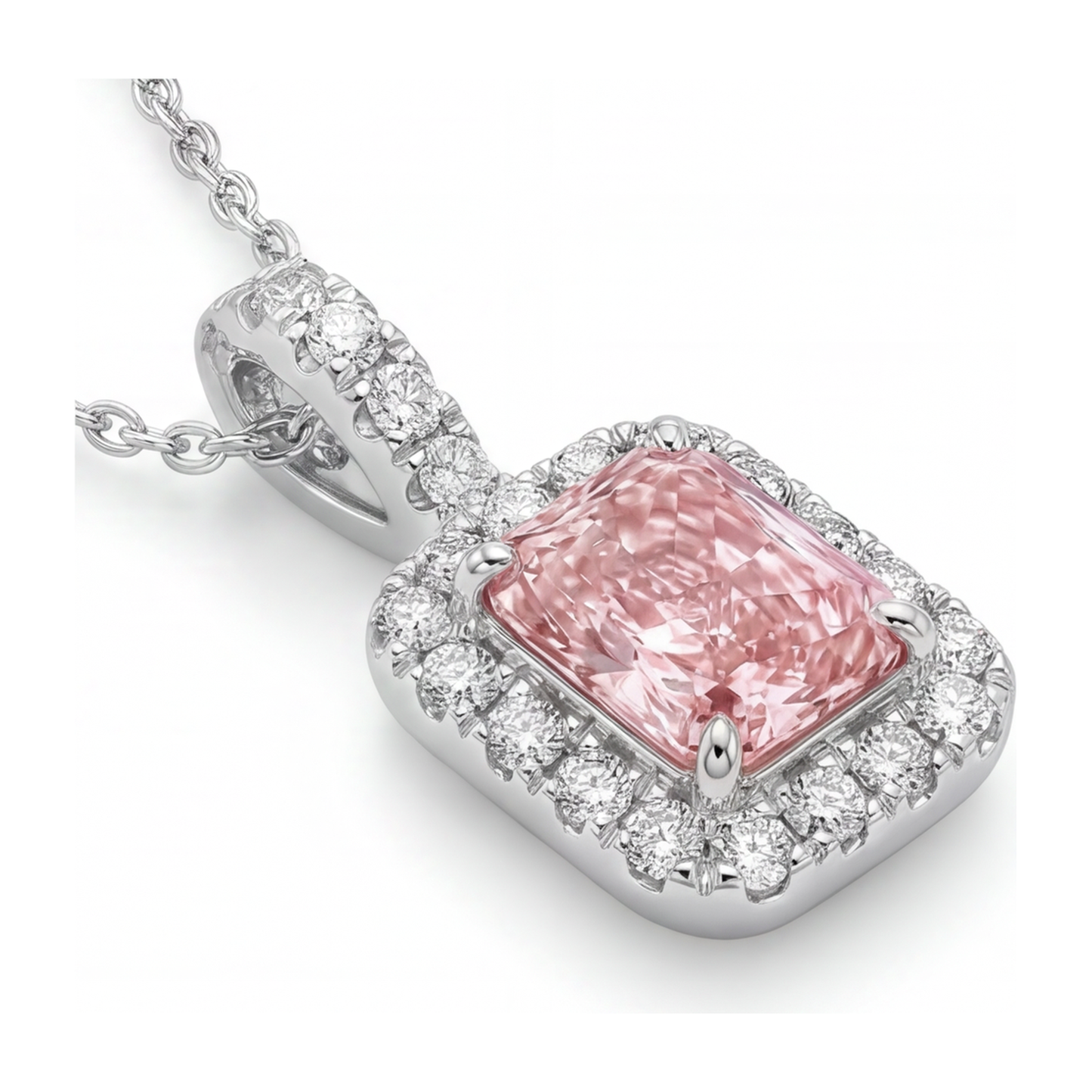 Halskette mit rosa Diamant, 2,25 Karat, im Labor gezüchtet, Radiant Halo Anhänger, 14 Karat Weißgold