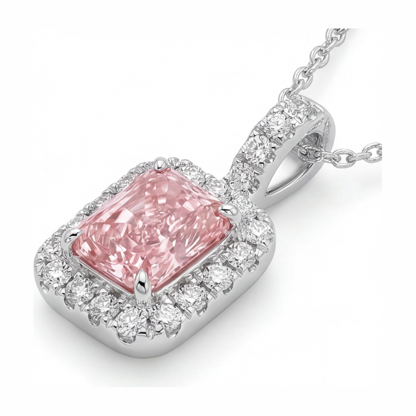 Halskette mit rosa Diamant, 2,25 Karat, im Labor gezüchtet, Radiant Halo Anhänger, 14 Karat Weißgold