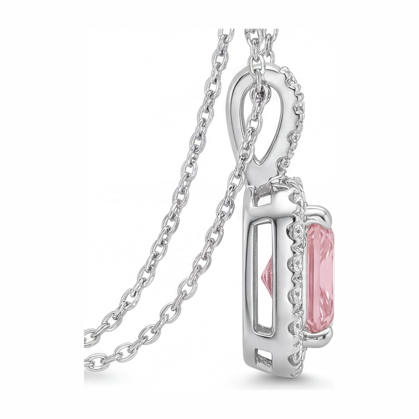 Halskette mit rosa Diamant, 2,25 Karat, im Labor gezüchtet, Radiant Halo Anhänger, 14 Karat Weißgold