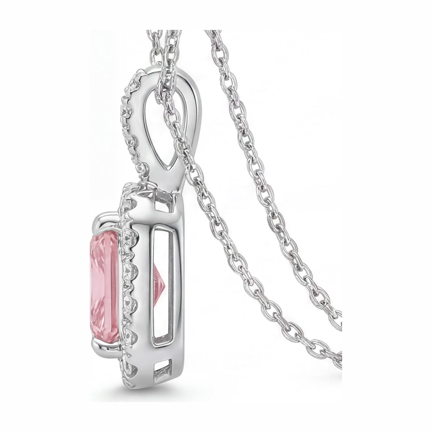 Halskette mit rosa Diamant, 2,25 Karat, im Labor gezüchtet, Radiant Halo Anhänger, 14 Karat Weißgold