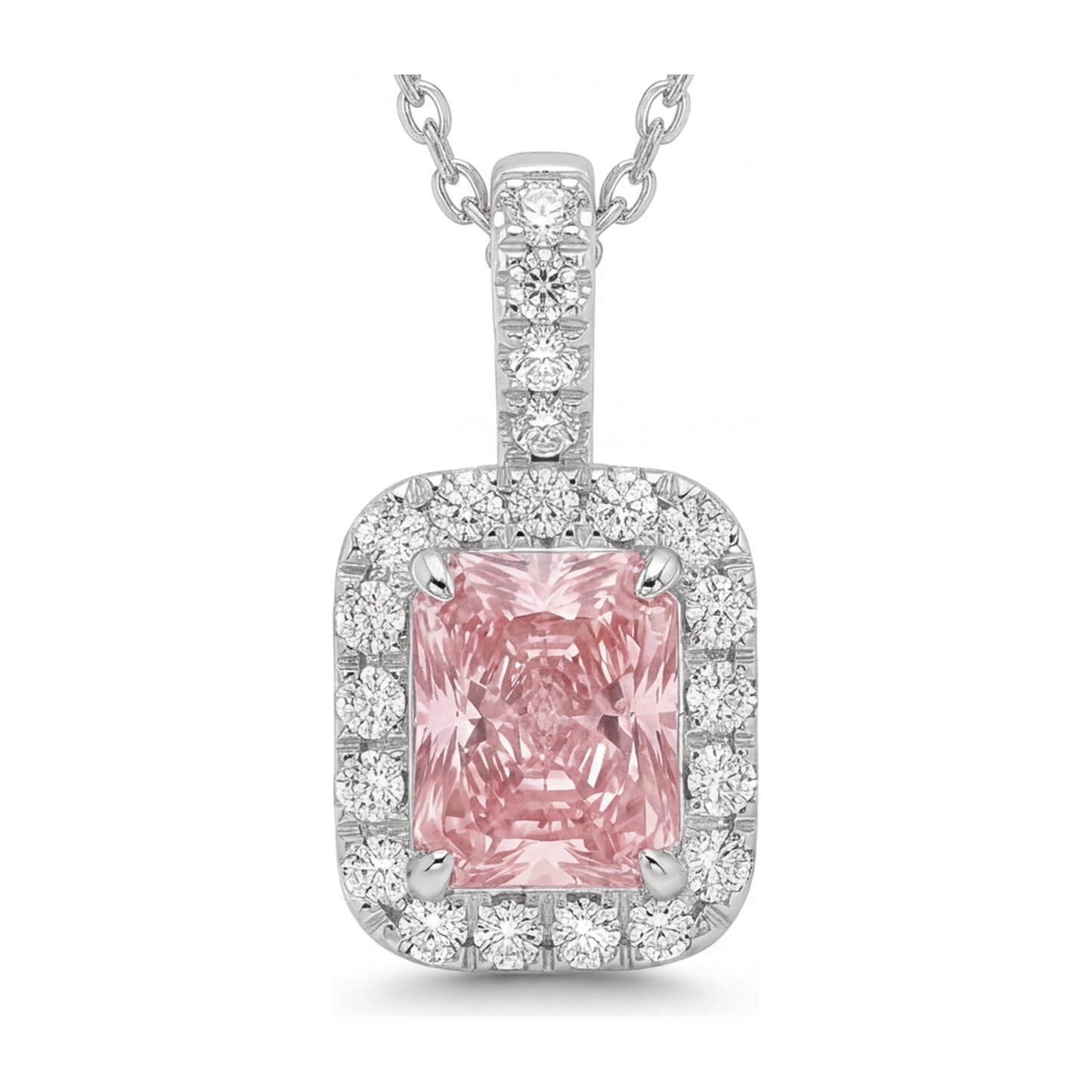 Halskette mit rosa Diamant, 2,25 Karat, im Labor gezüchtet, Radiant Halo Anhänger, 14 Karat Weißgold