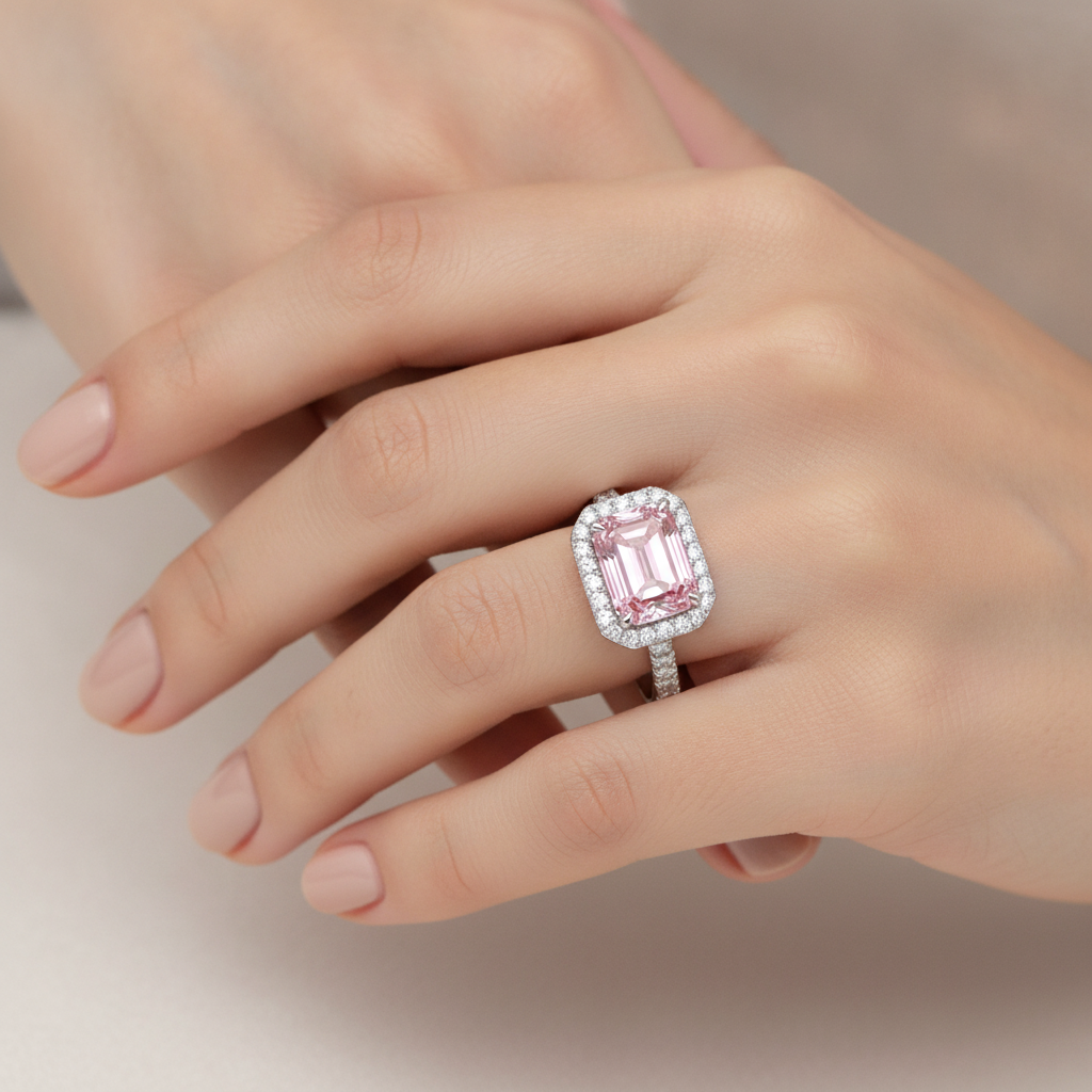 Rosa Diamantring, 2,5 Karat, im Labor gezüchtet, Smaragdschliff-Halo, 14 Karat Weißgold