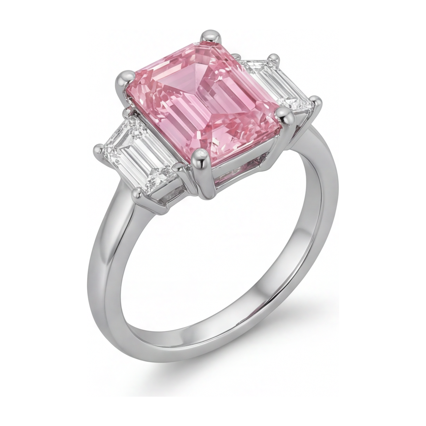 Im Labor gezüchteter rosa Diamant, 2,5 Karat, Smaragdschliff, schlichter Dreisteinring, 14 Karat Weißgold