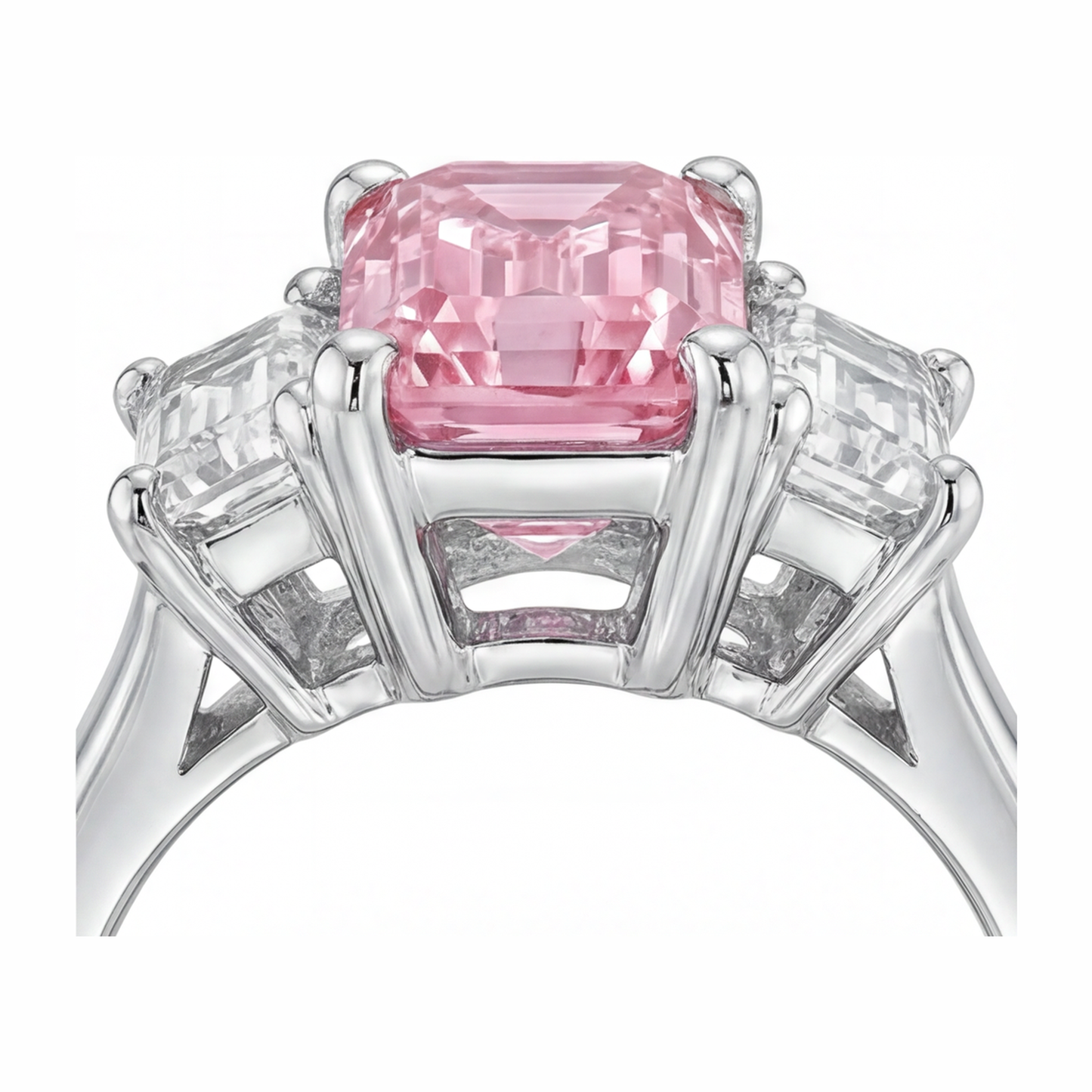 Verlobungsring mit rosa Diamant, 2,5 Karat, im Labor gezüchtet, Smaragdschliff, Dreistein, Kathedralfassung, 14 Karat Weißgold