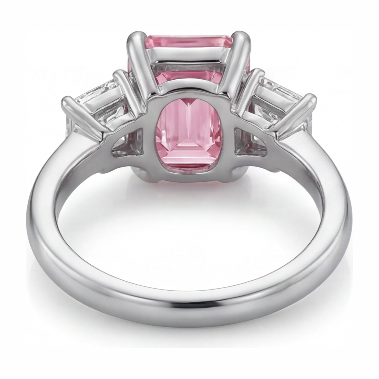 Im Labor gezüchteter rosa Diamant, 2,5 Karat, Smaragdschliff, schlichter Dreisteinring, 14 Karat Weißgold