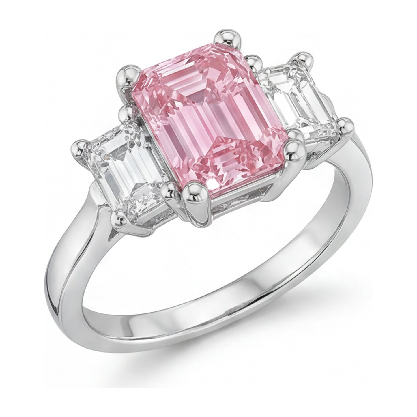 Verlobungsring mit rosa Diamant, 2,5 Karat, im Labor gezüchtet, Smaragdschliff, Dreistein, Kathedralfassung, 14 Karat Weißgold
