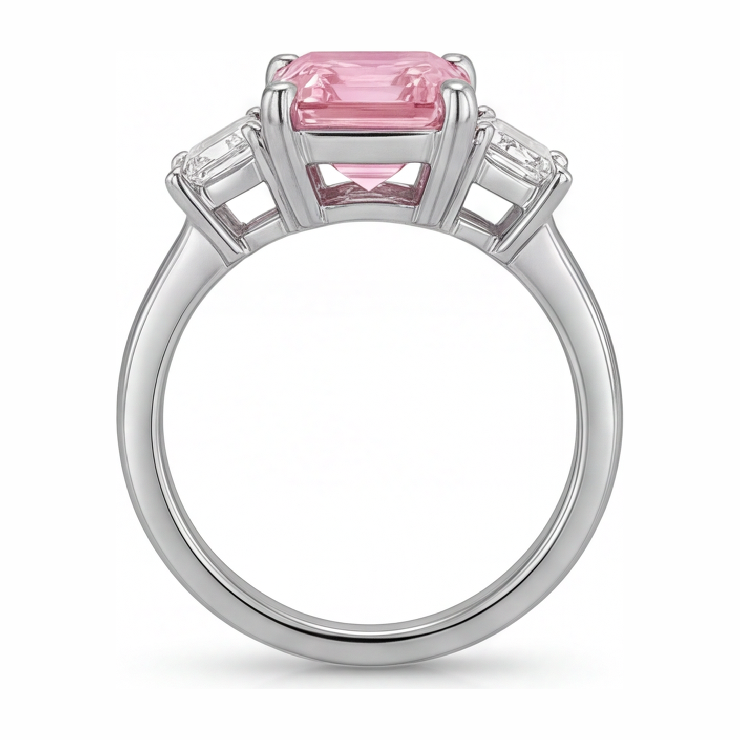 Im Labor gezüchteter rosa Diamant, 2,5 Karat, Smaragdschliff, schlichter Dreisteinring, 14 Karat Weißgold