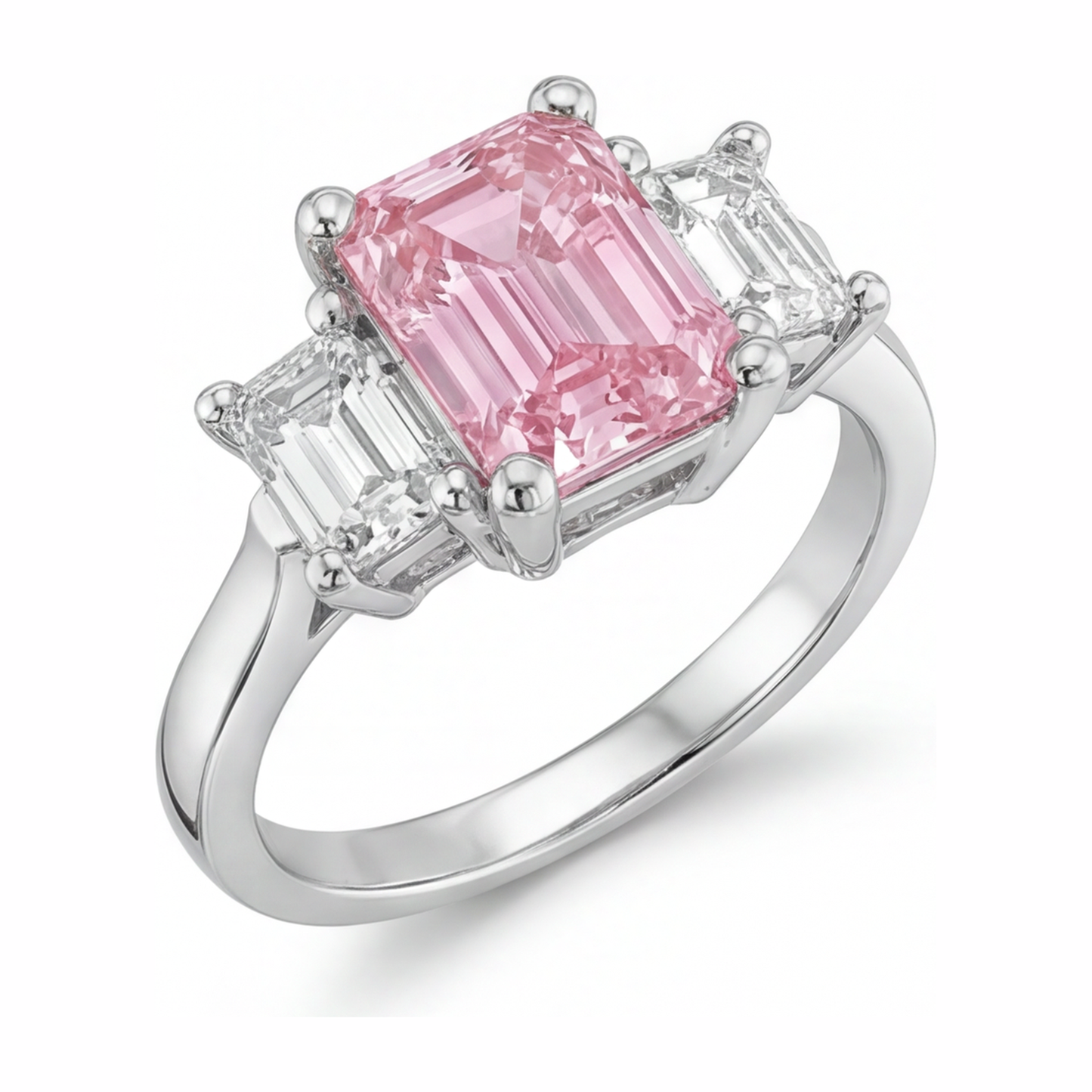 Verlobungsring mit rosa Diamant, 2,5 Karat, im Labor gezüchtet, Smaragdschliff, Dreistein, Kathedralfassung, 14 Karat Weißgold