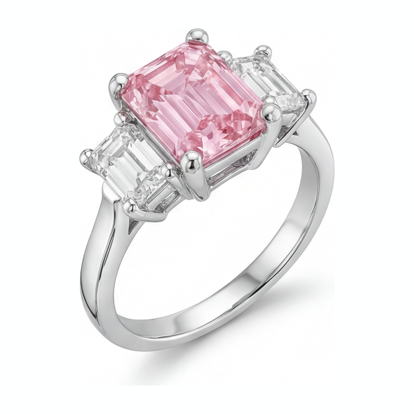 Verlobungsring mit rosa Diamant, 2,5 Karat, im Labor gezüchtet, Smaragdschliff, Dreistein, Kathedralfassung, 14 Karat Weißgold