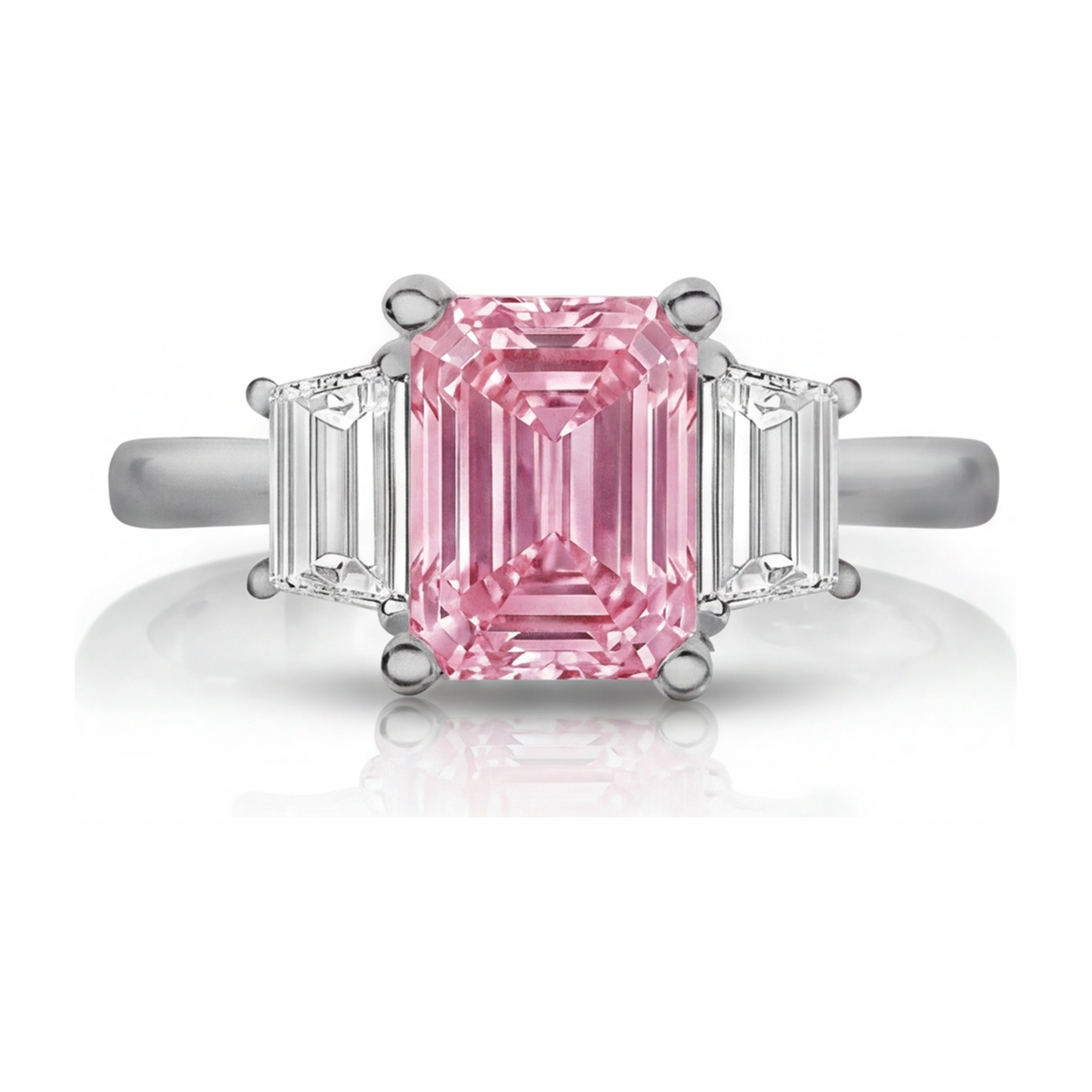 Im Labor gezüchteter rosa Diamant, 2,5 Karat, Smaragdschliff, schlichter Dreisteinring, 14 Karat Weißgold