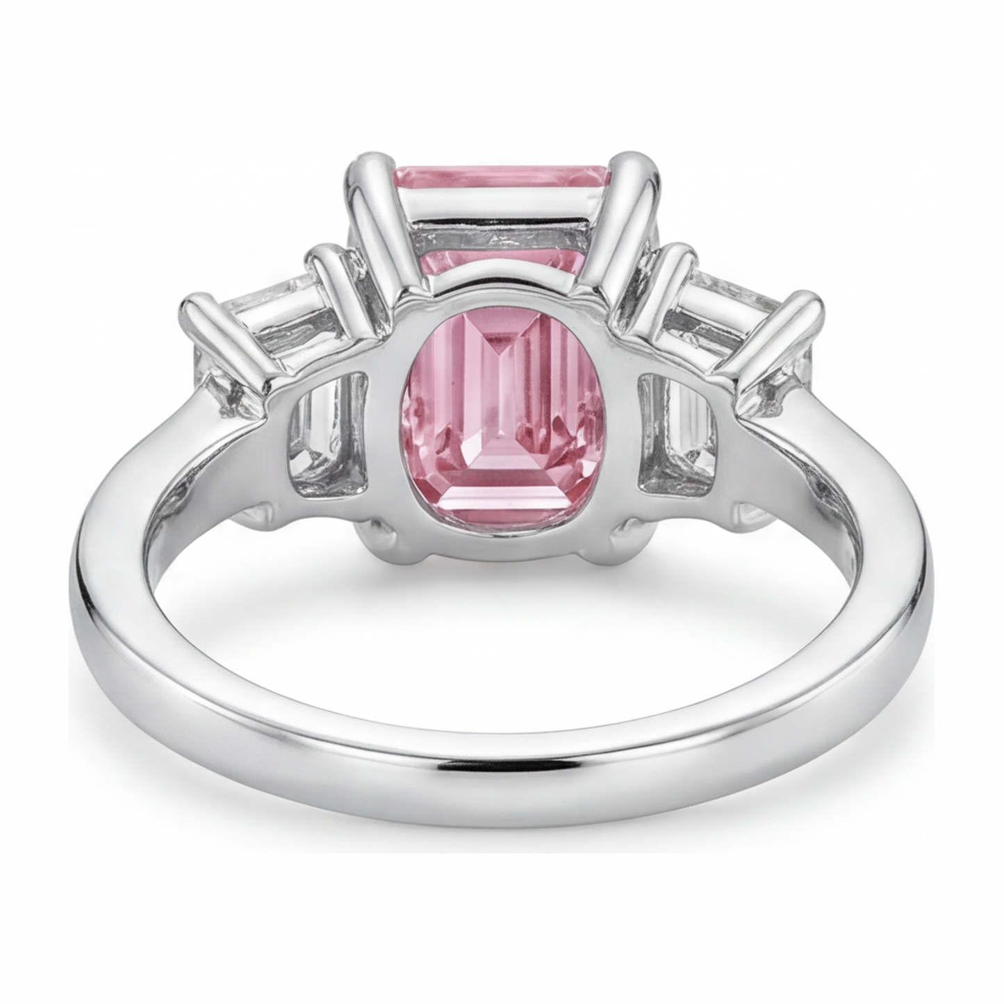 Verlobungsring mit rosa Diamant, 2,5 Karat, im Labor gezüchtet, Smaragdschliff, Dreistein, Kathedralfassung, 14 Karat Weißgold