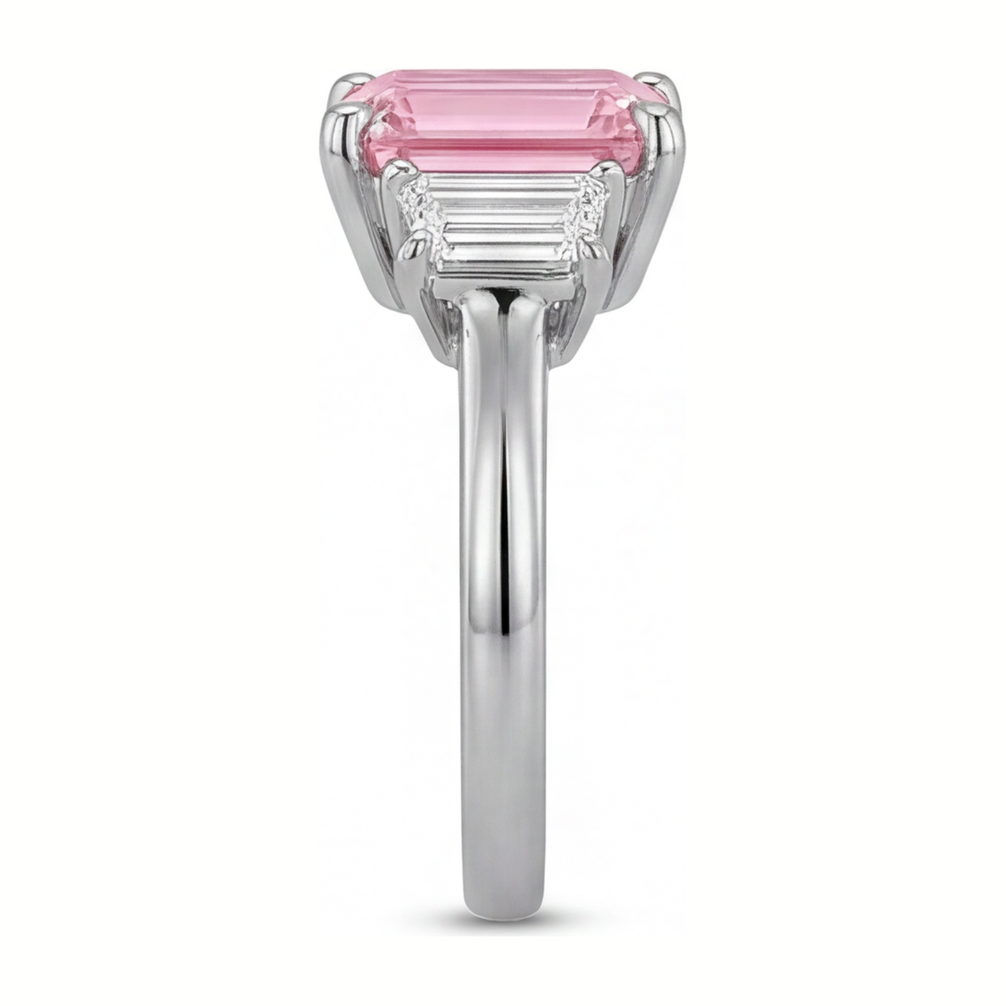 Im Labor gezüchteter rosa Diamant, 2,5 Karat, Smaragdschliff, schlichter Dreisteinring, 14 Karat Weißgold