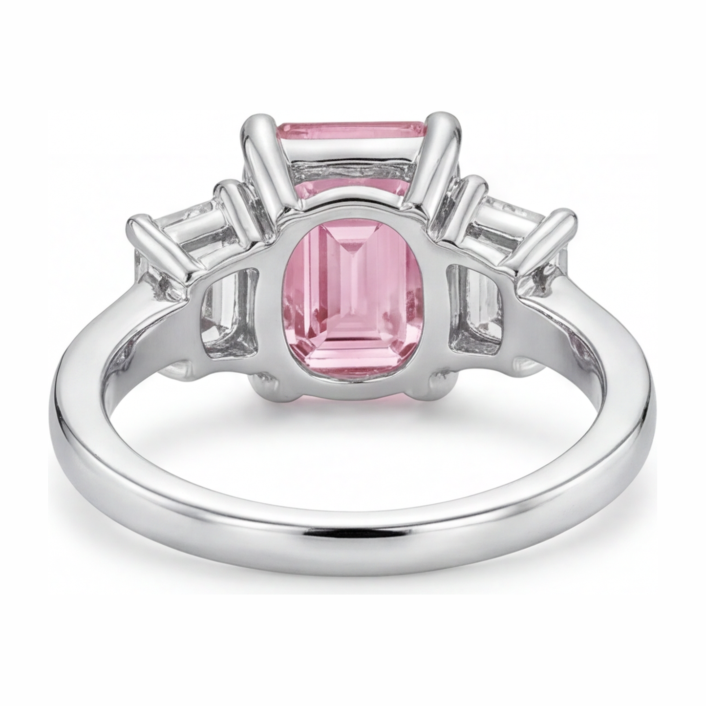 Verlobungsring mit rosa Diamant, 2,5 Karat, im Labor gezüchtet, Smaragdschliff, Dreistein, Kathedralfassung, 14 Karat Weißgold