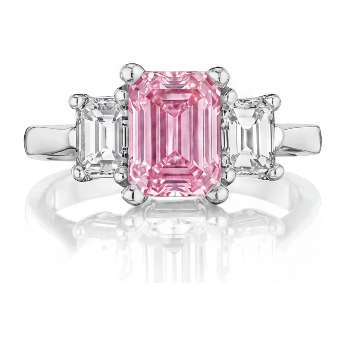 Verlobungsring mit rosa Diamant, 2,5 Karat, im Labor gezüchtet, Smaragdschliff, Dreistein, Kathedralfassung, 14 Karat Weißgold