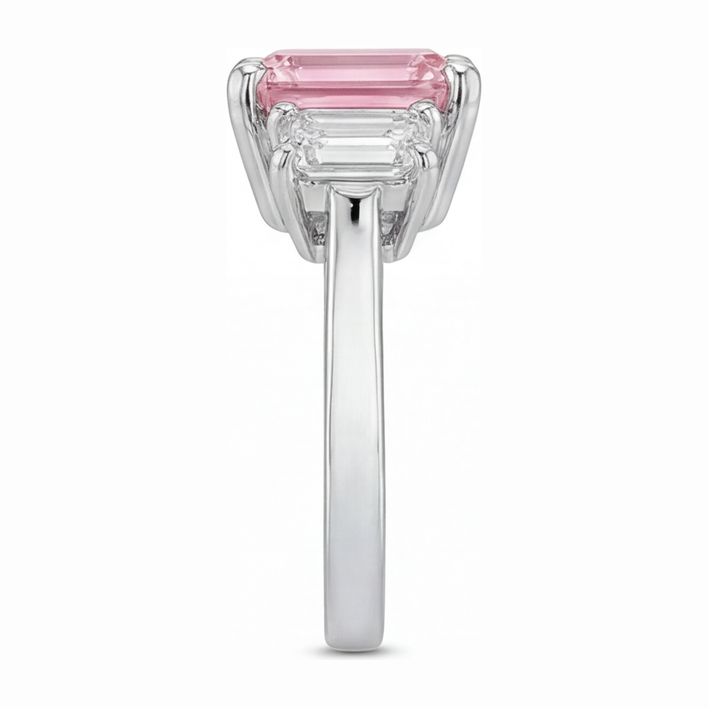 Verlobungsring mit rosa Diamant, 2,5 Karat, im Labor gezüchtet, Smaragdschliff, Dreistein, Kathedralfassung, 14 Karat Weißgold