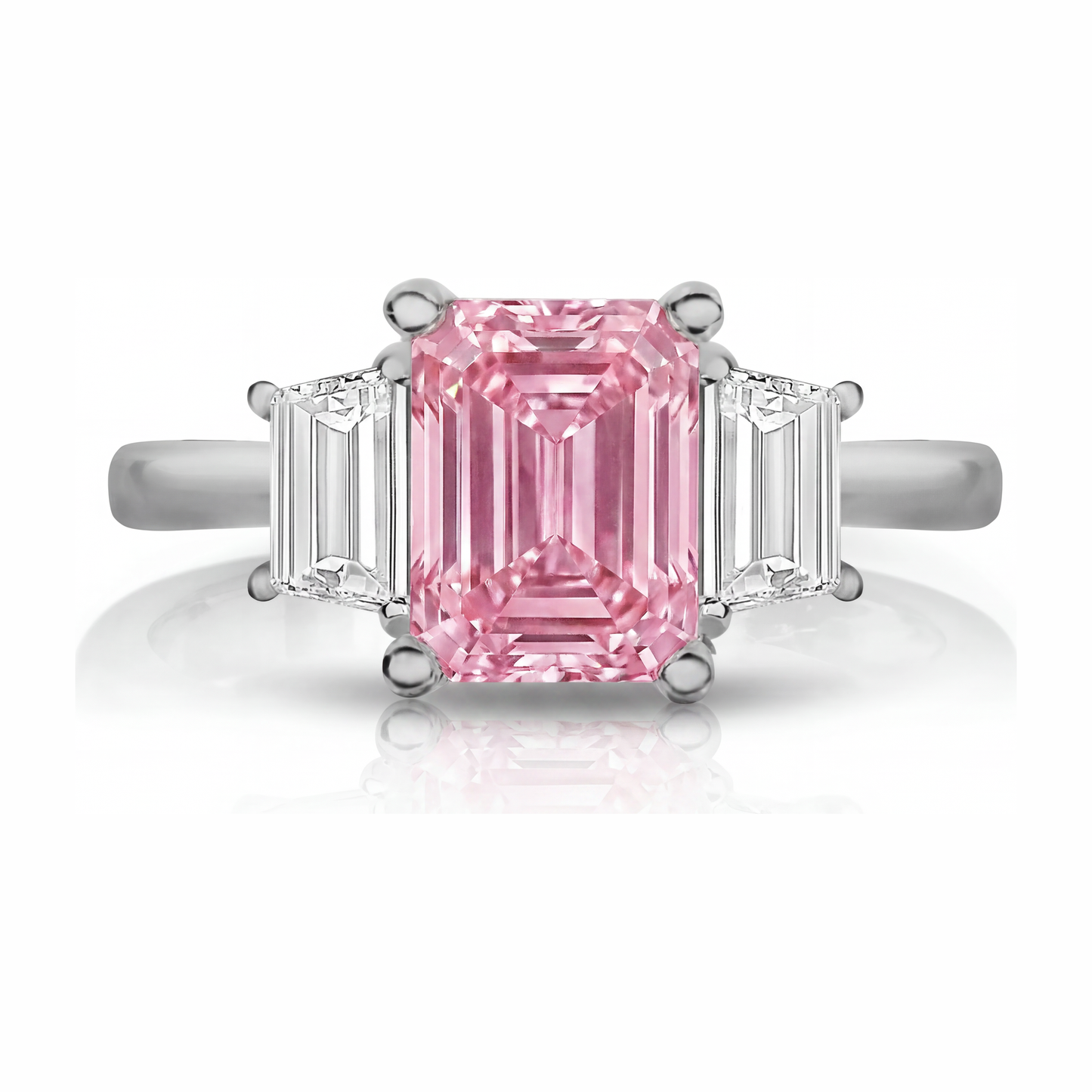 Im Labor gezüchteter rosa Diamant, 2,5 Karat, Smaragdschliff, schlichter Dreisteinring, 14 Karat Weißgold