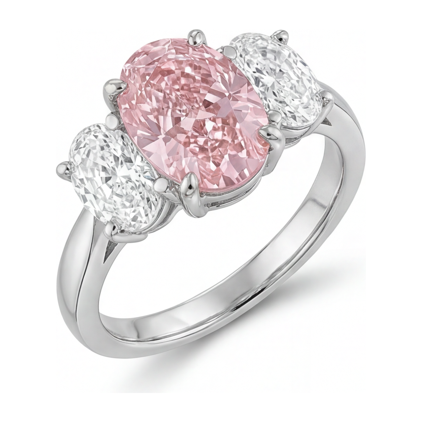 Rosa Verlobungsring 2,5 Karat im Labor gezüchteter ovaler Diamant Drei Steine 14 Karat Weißgold