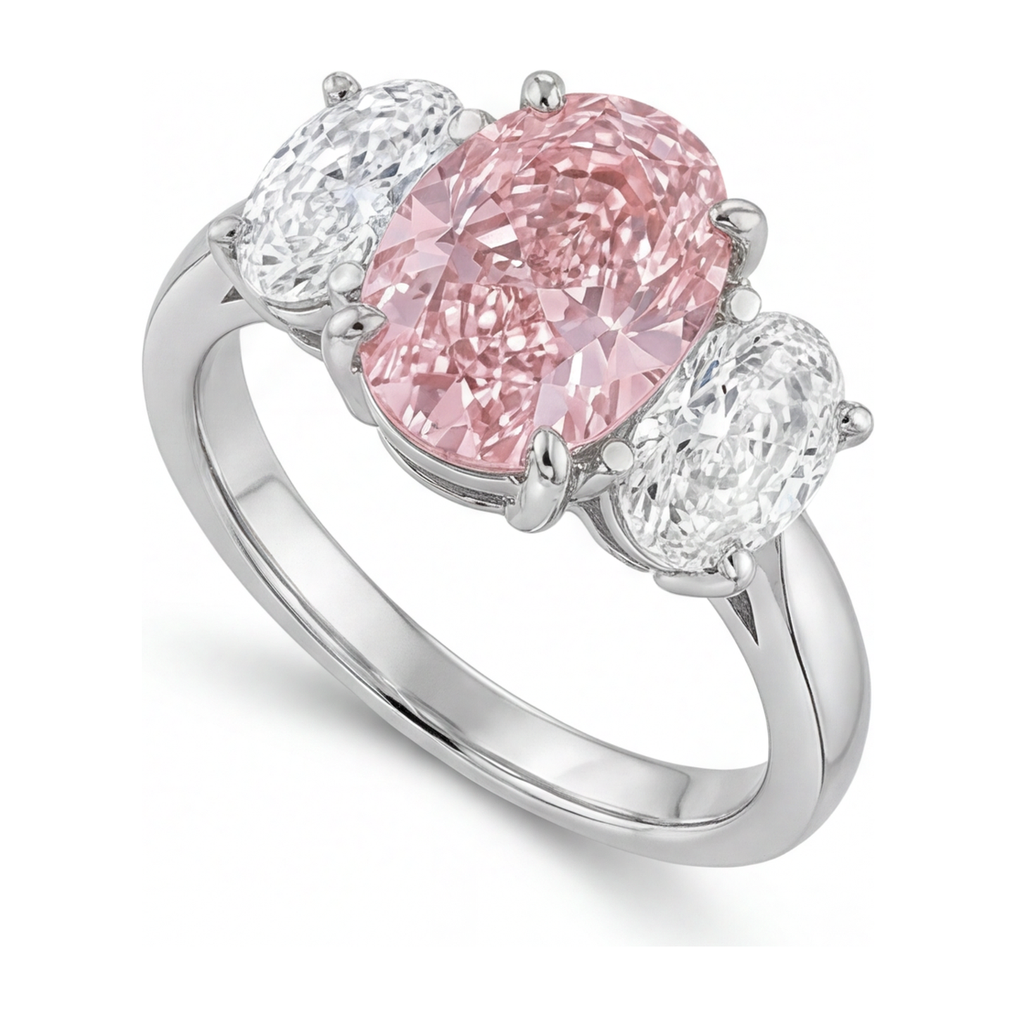 Rosa Verlobungsring 2,5 Karat im Labor gezüchteter ovaler Diamant Drei Steine 14 Karat Weißgold