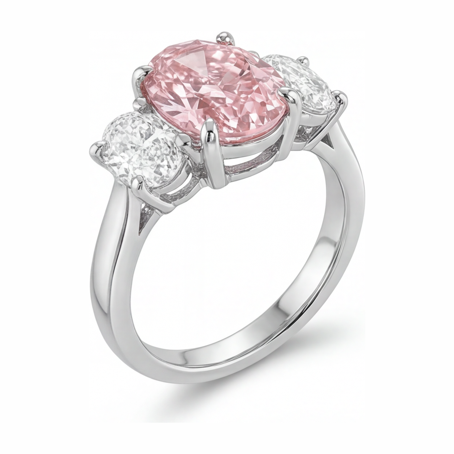 Rosa Verlobungsring 2,5 Karat im Labor gezüchteter ovaler Diamant Drei Steine 14 Karat Weißgold