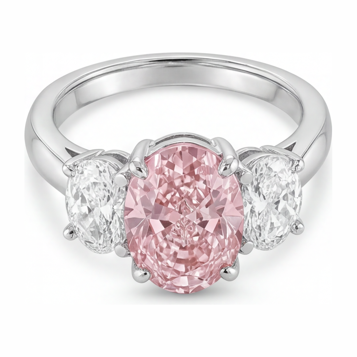 Rosa Verlobungsring 2,5 Karat im Labor gezüchteter ovaler Diamant Drei Steine 14 Karat Weißgold