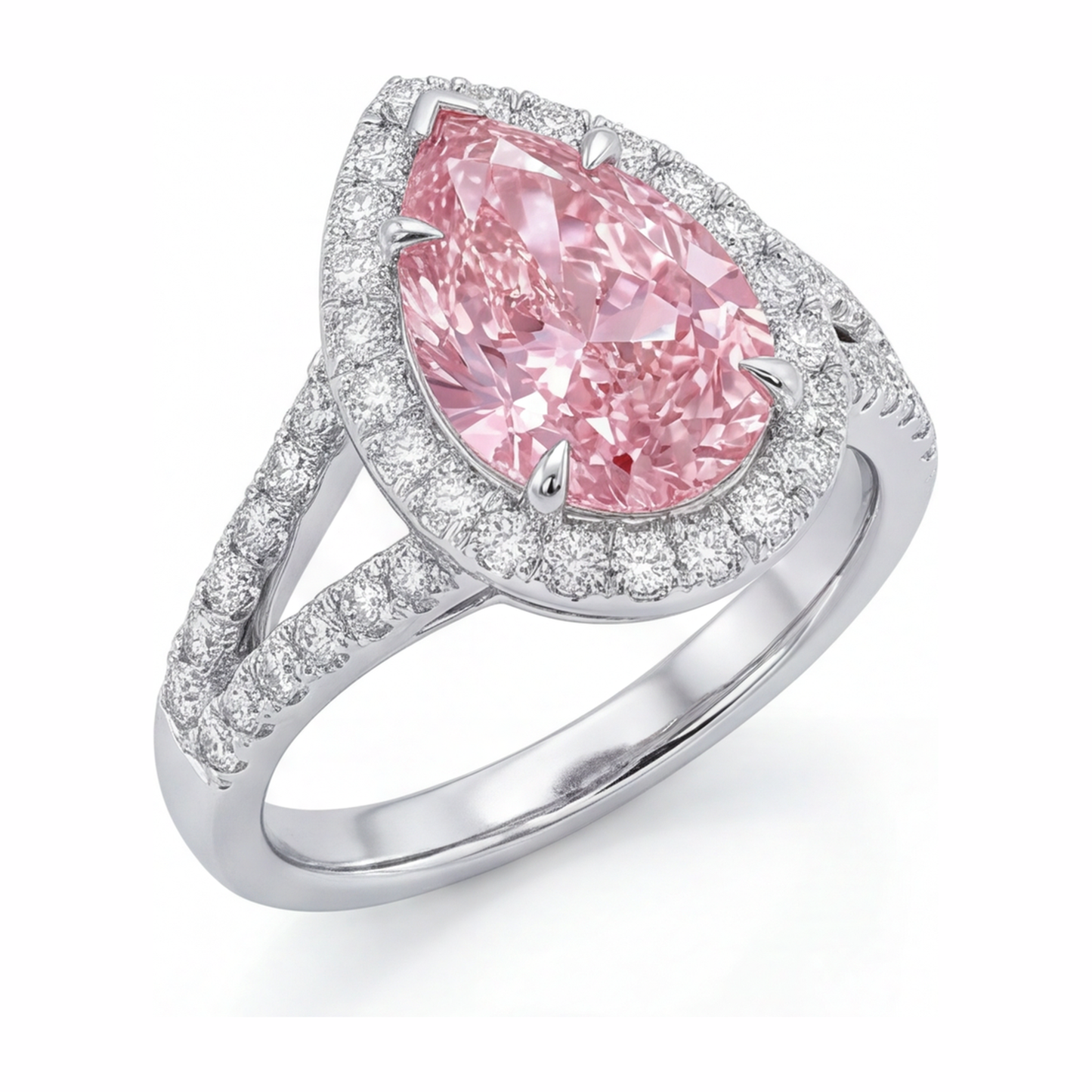 Verlobungsring mit rosa Diamant 2,5 Karat im Labor gezüchtet Tropfen-Halo 14 Karat Weißgold